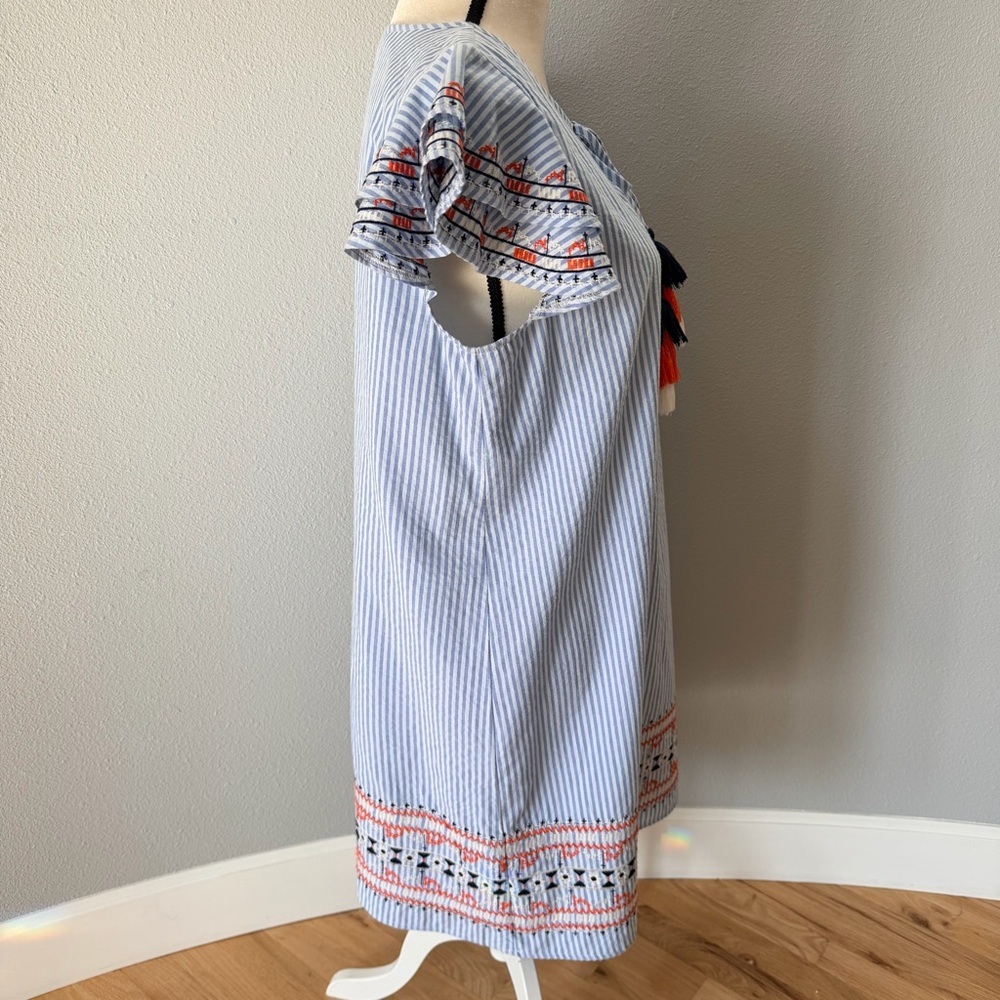 THML Blue and White Striped Cotton Sun Dress with Tassels & Embroidered Details - Picture 7 of 14